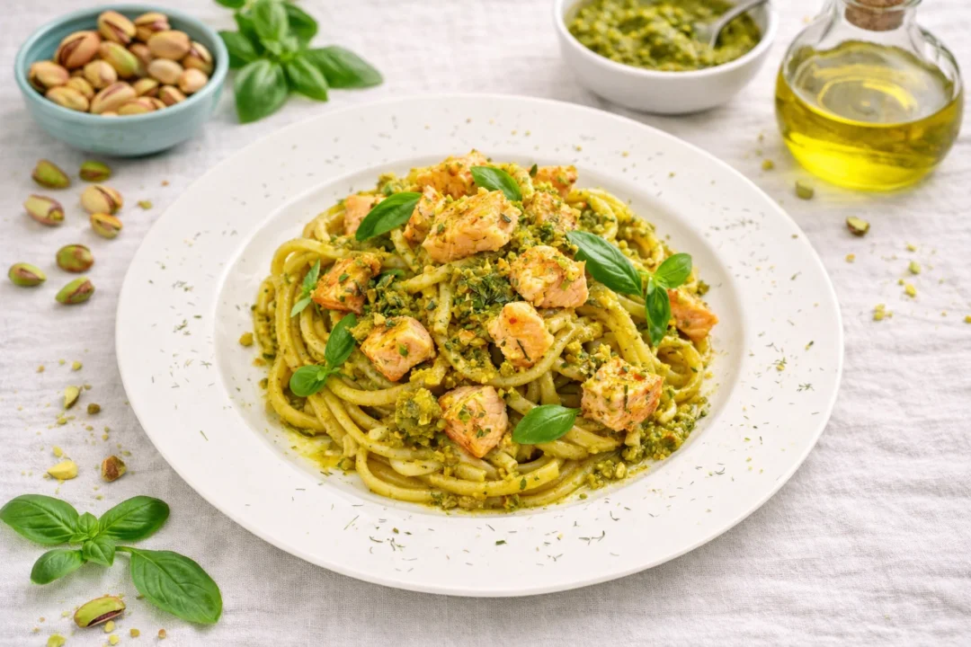 Linguine con salmón y pesto de pistacho