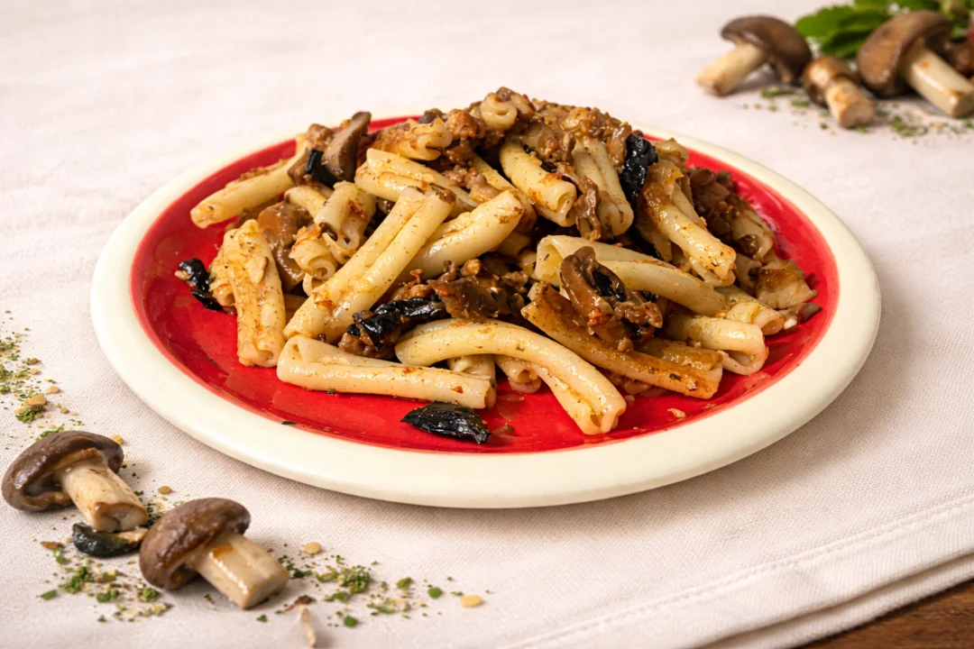 Pasta con setas y butifarra