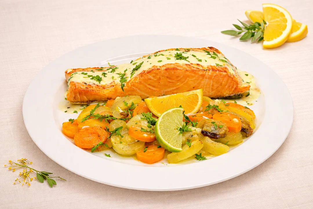 Salmón con verduras y aliño cítrico