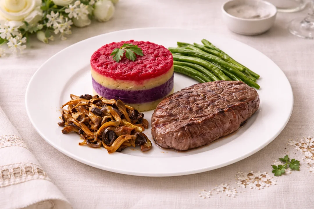 Solomillo con puré tricolor